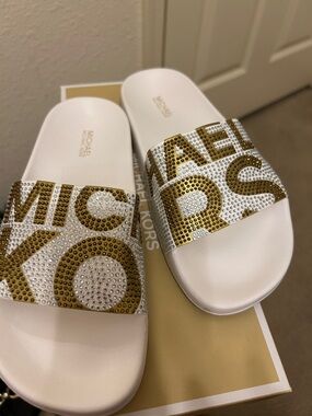 Michael Kors White & Gold Crystal Logo Slide Sandals